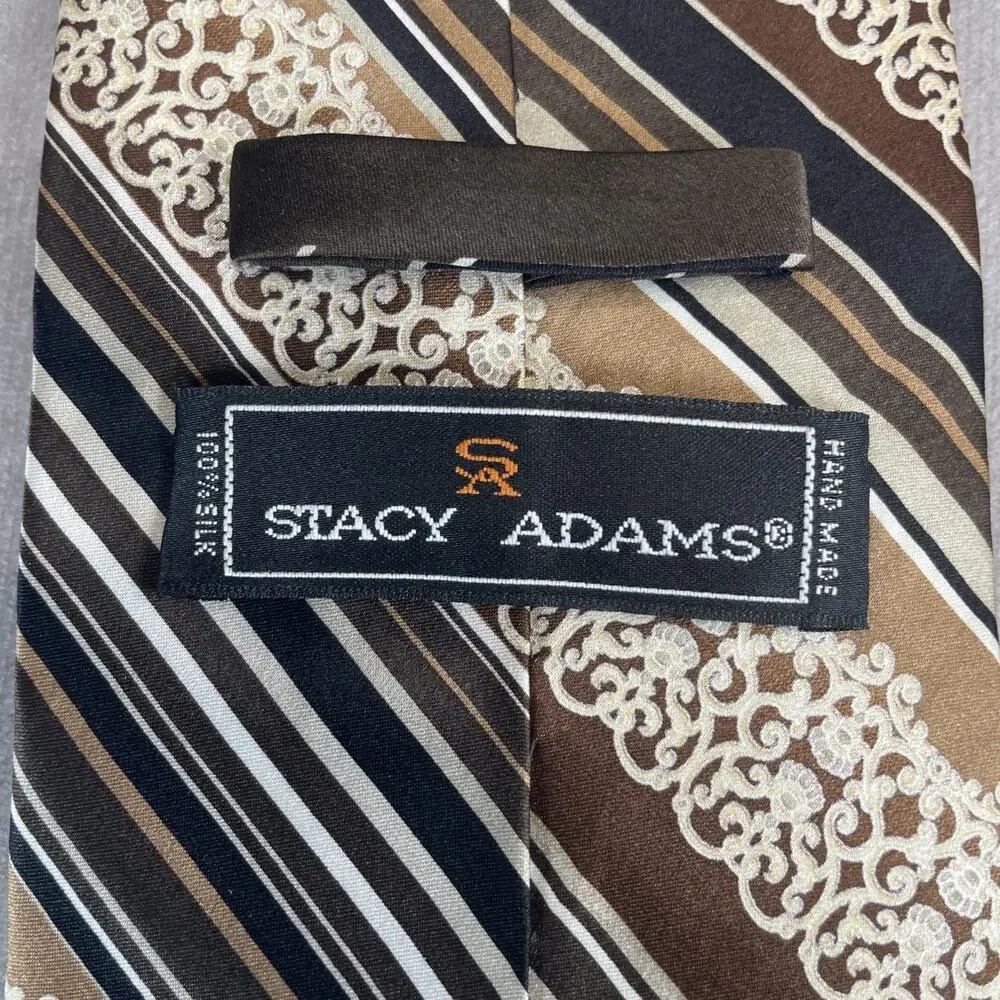 Vtg Stacy Adams Black Brown Beige Artsy Handmade 100% Silk Tie Art Deco Style